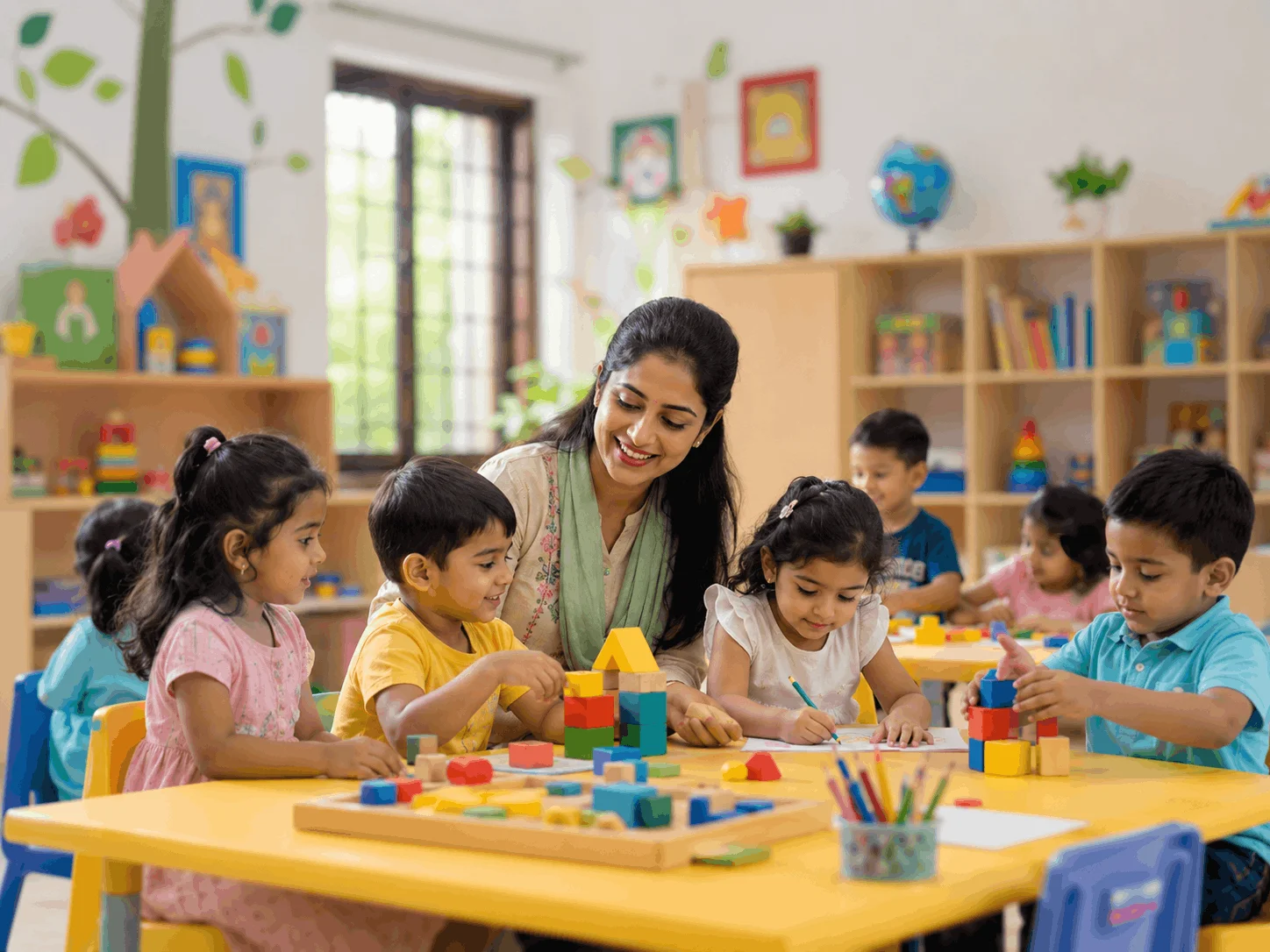 Children learning and playing together with a teacher in a daycare classroom